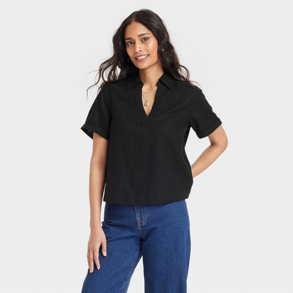 Short Sleeve Collared Popover V-neck Blouse - Black XS
